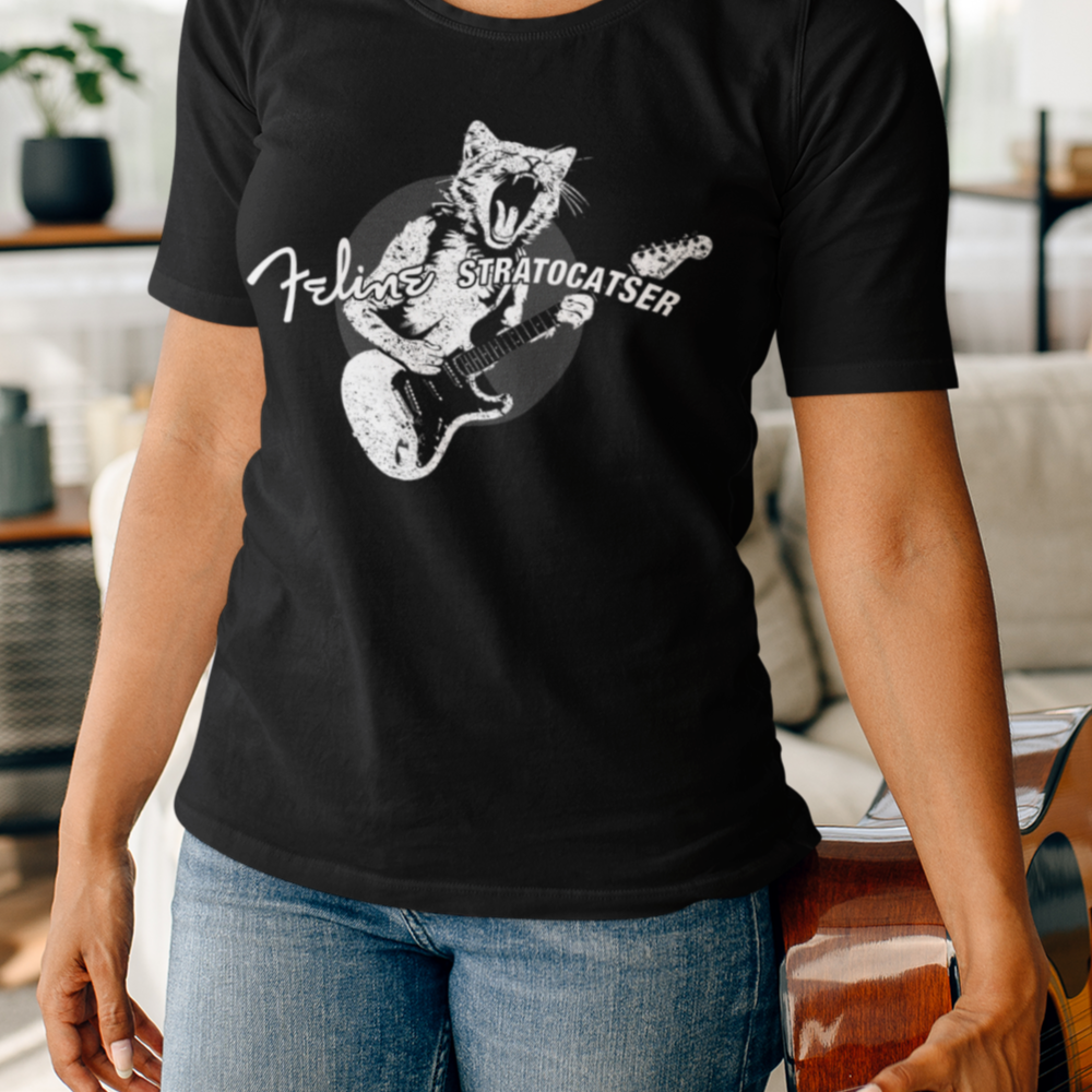 Guitar Cat Stratocatser T-shirt mock up on model