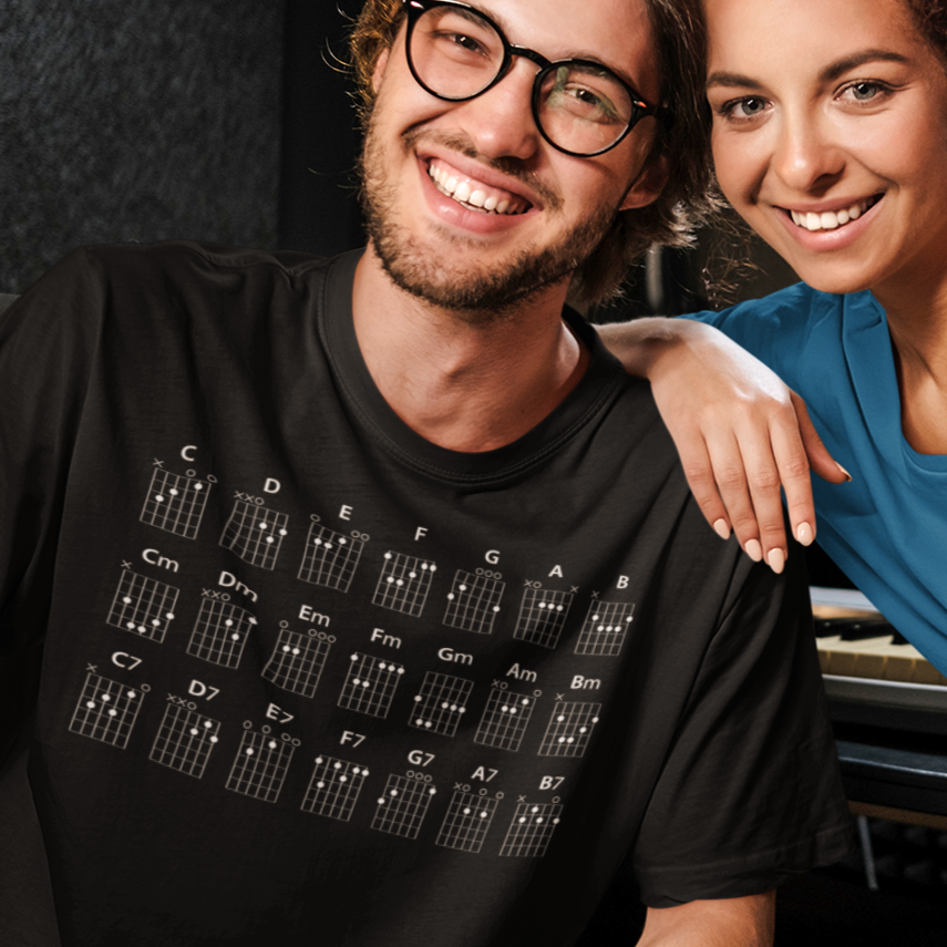 Guitar CHORDS Unisex Heavy Cotton Gildan 5000 Tee, many colors, with a