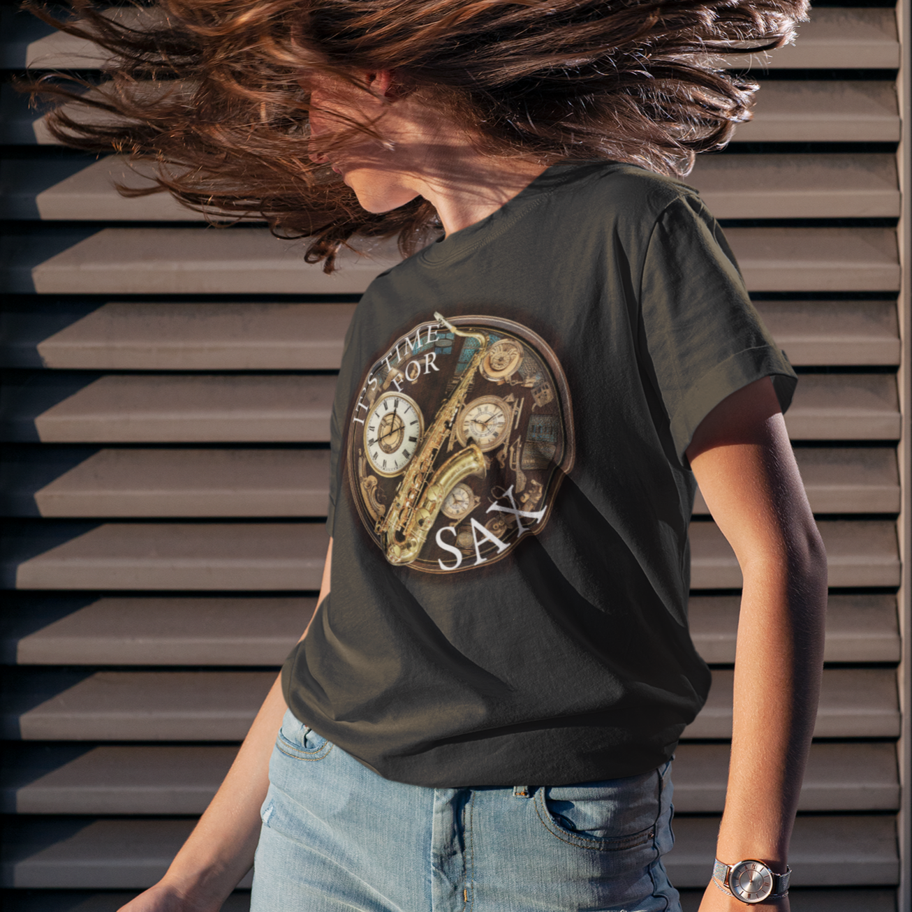 Its Time for SAX Recycled T-shirt mock up on model