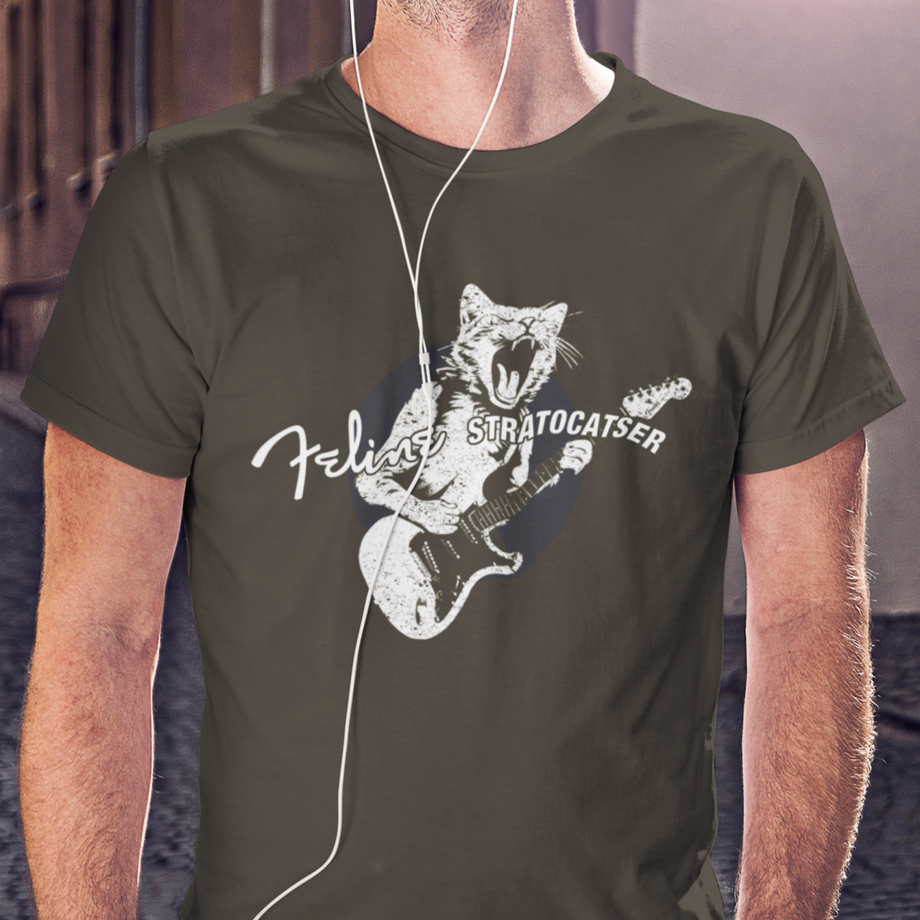 Rock Guitar Cat T-shirt mock up on model