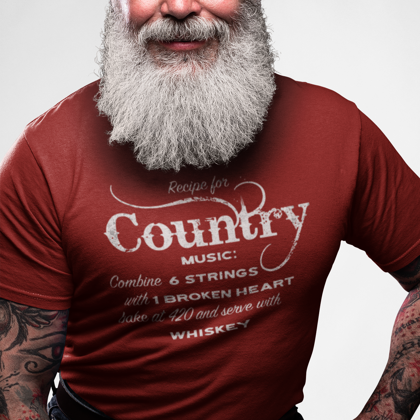 Country Music T-Shirt mockup in red on model