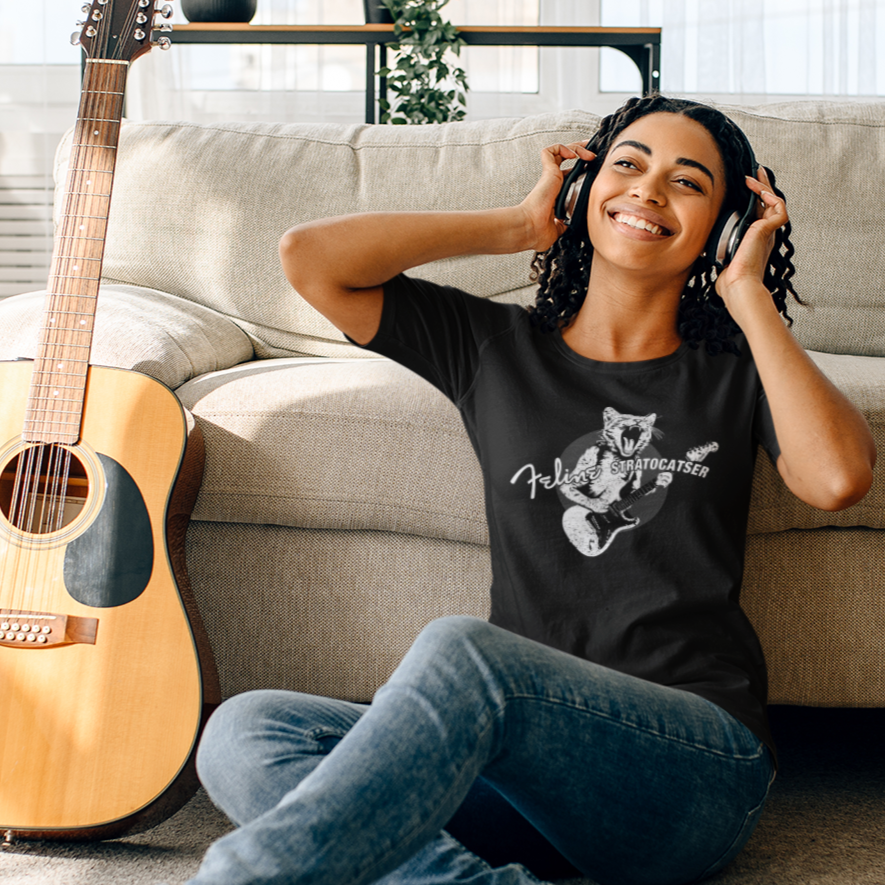 Guitar Cat Stratocatser T-shirt mock up on model