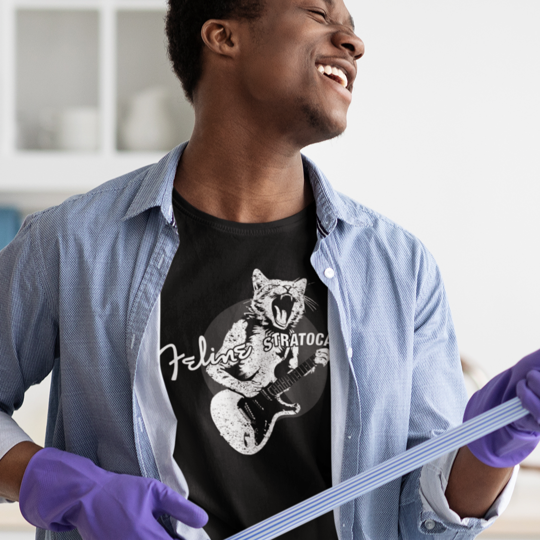 Guitar Cat Stratocatser T-shirt mock up on model