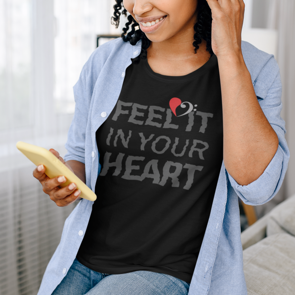 Feel It In Your Heart Bass Love T-shirt mockup on model