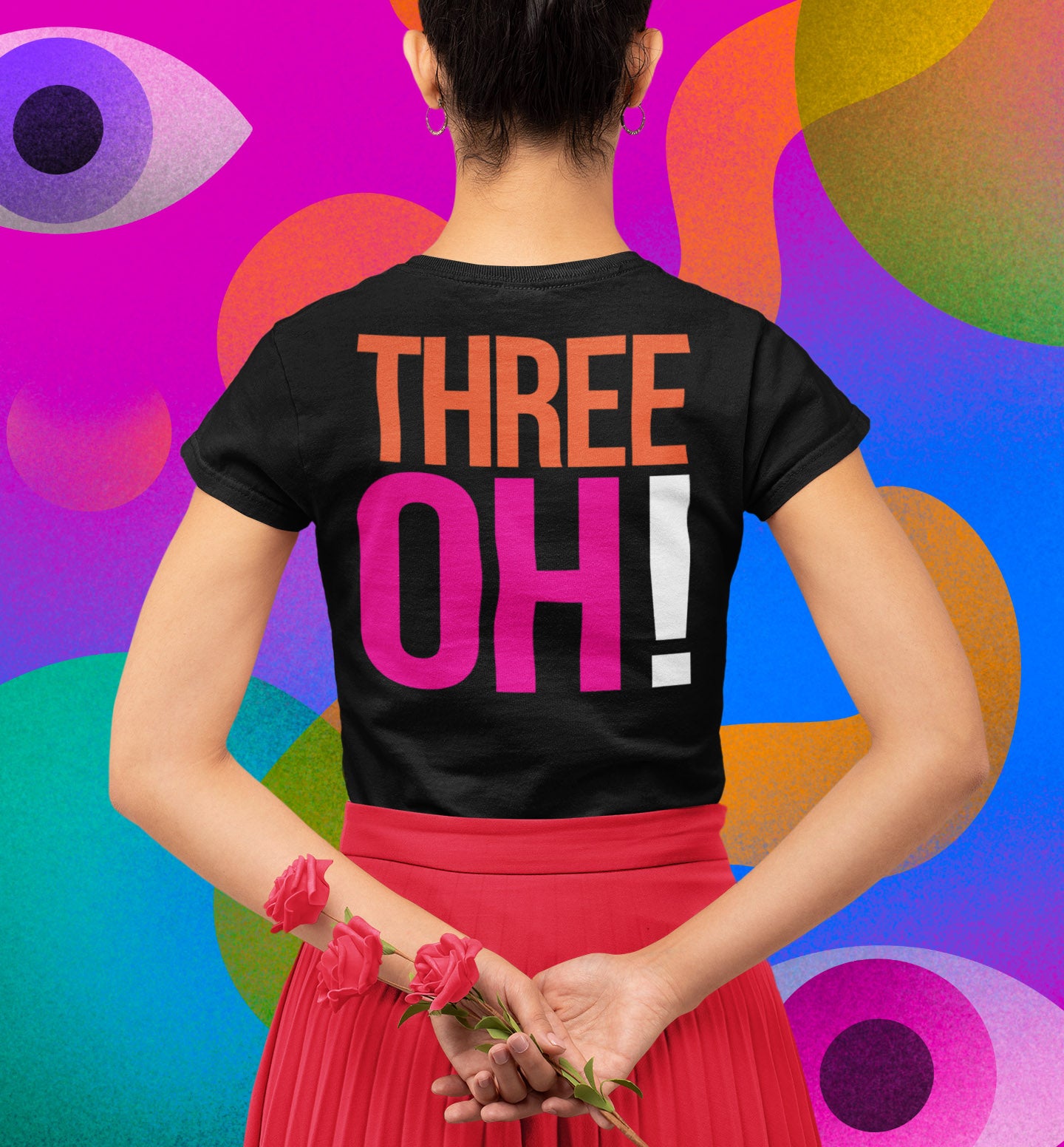 Woman wearing 30th Birthday Gift T-shirt, Birthday Song on front, THREE OH! 2-sided, Unisex