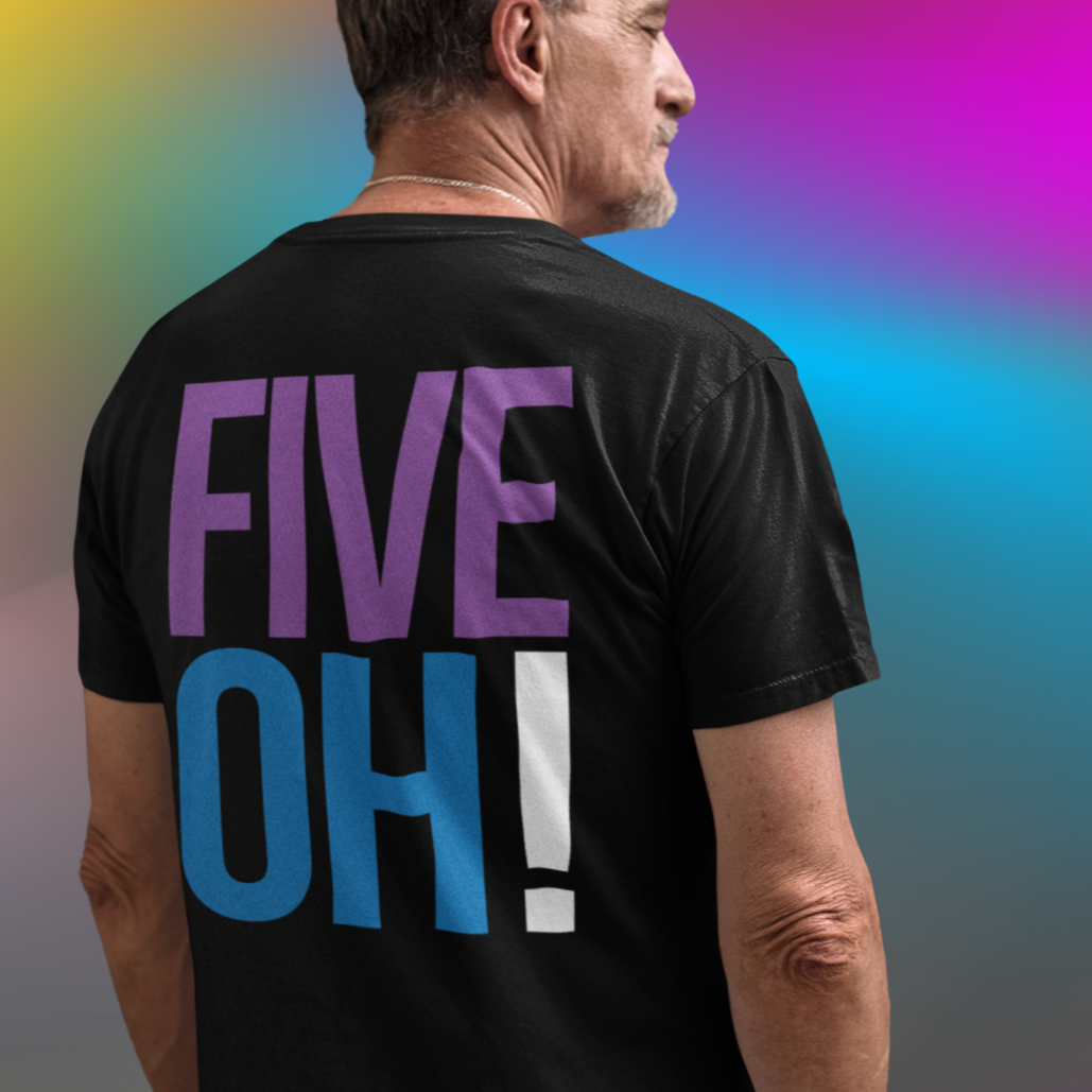 Man wearing 50th Birthday Gift T-shirt, SEVEN OH! on back, Unisex