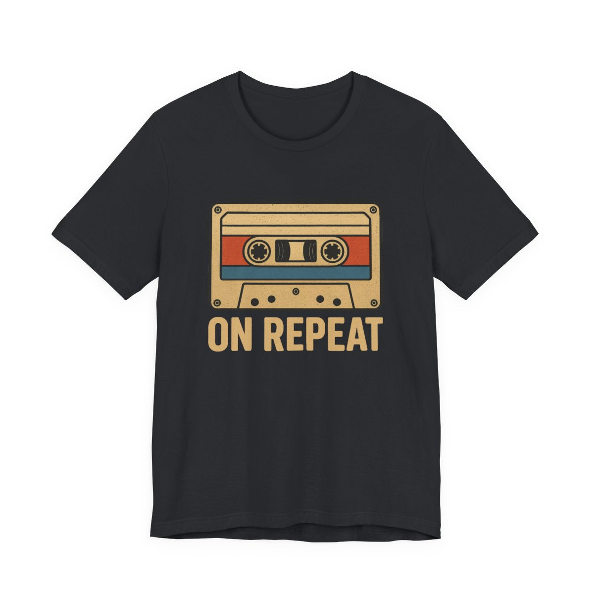 Black t-shirt with a cassette tape graphic and 'ON REPEAT' text on a white background