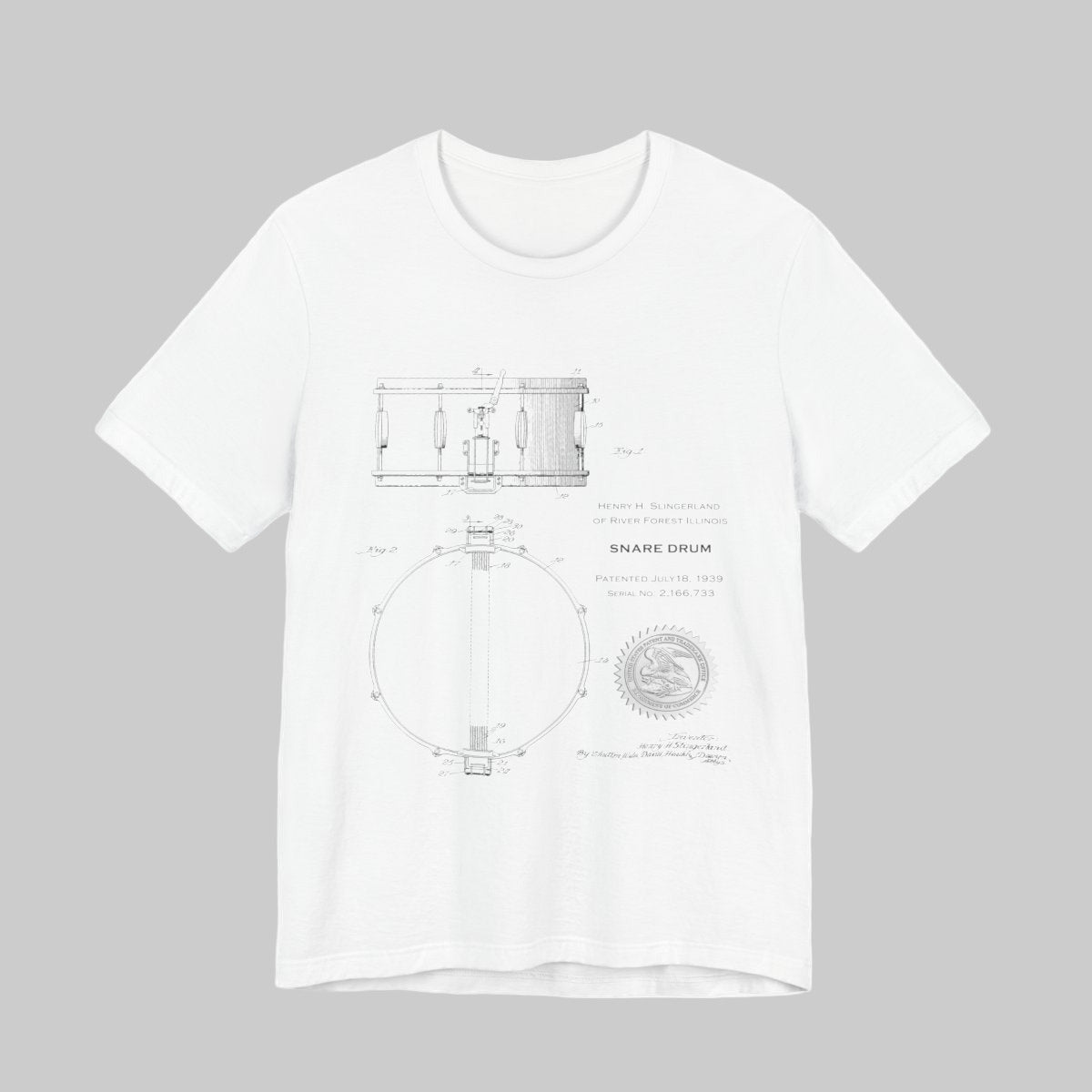 Snare Drum Blueprint T-Shirt, Vintage Drum Patent Tee, Music Lover Gift, Retro Drum Drawing from U.S. Patent Office