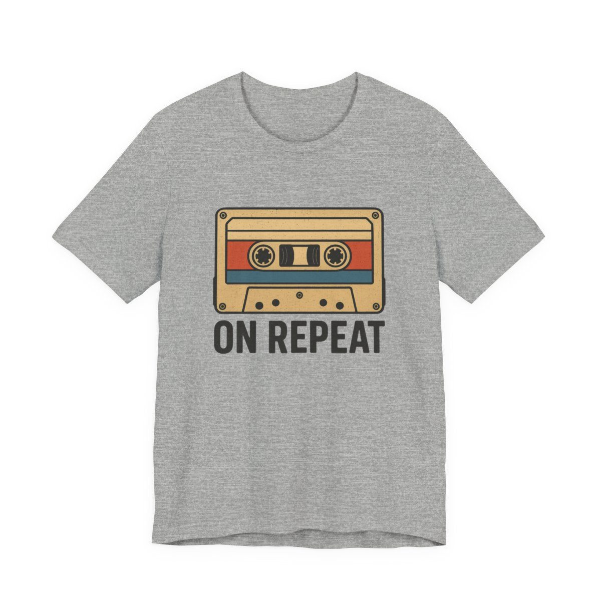 Gray t-shirt with a cassette tape graphic and 'On Repeat' text on a white background