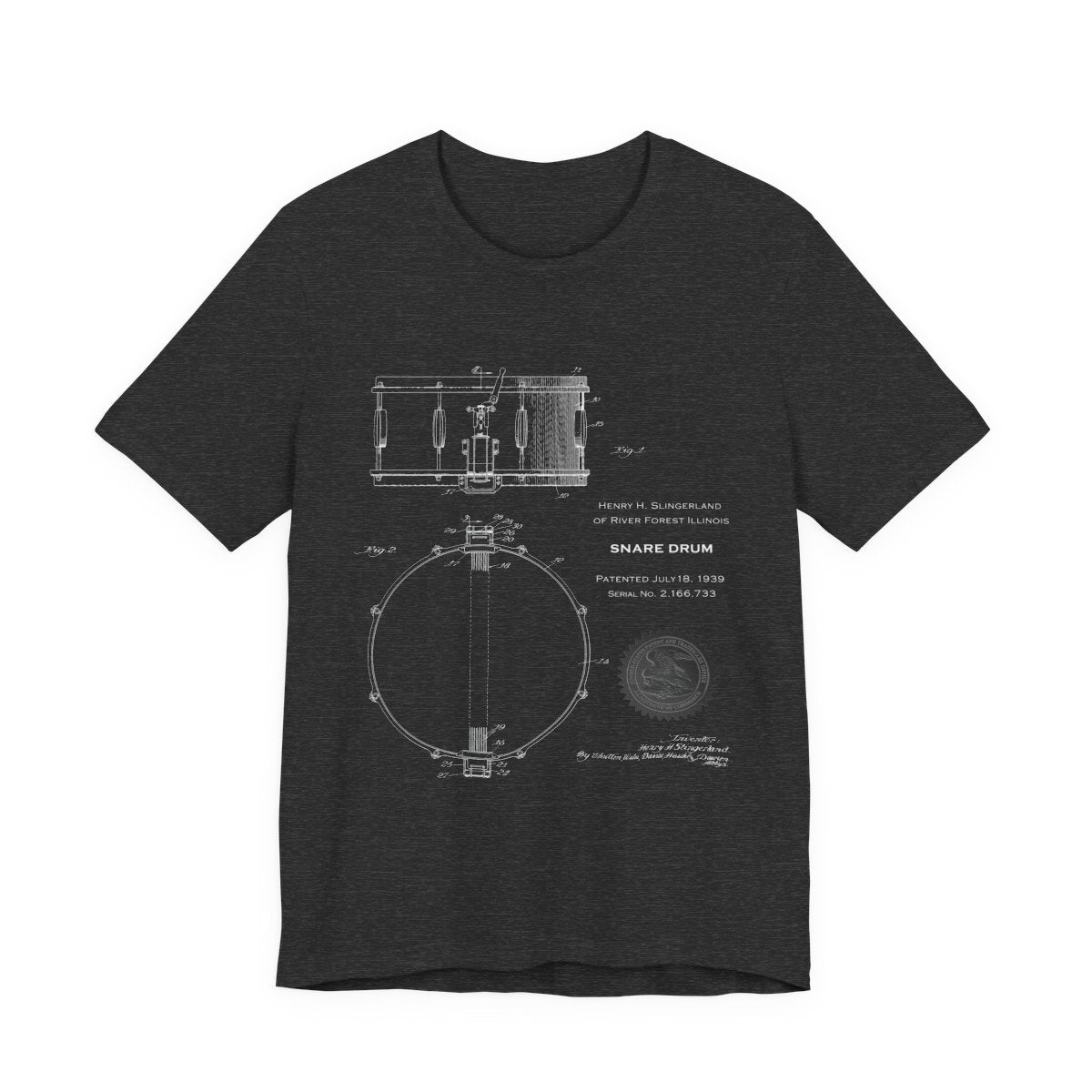 Snare Drum Blueprint T-Shirt, Vintage Drum Patent Tee, Music Lover Gift, Retro Drum Drawing from U.S. Patent Office