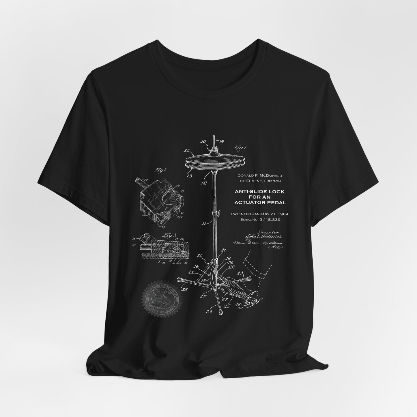 Black t-shirt with technical diagram design on a white background