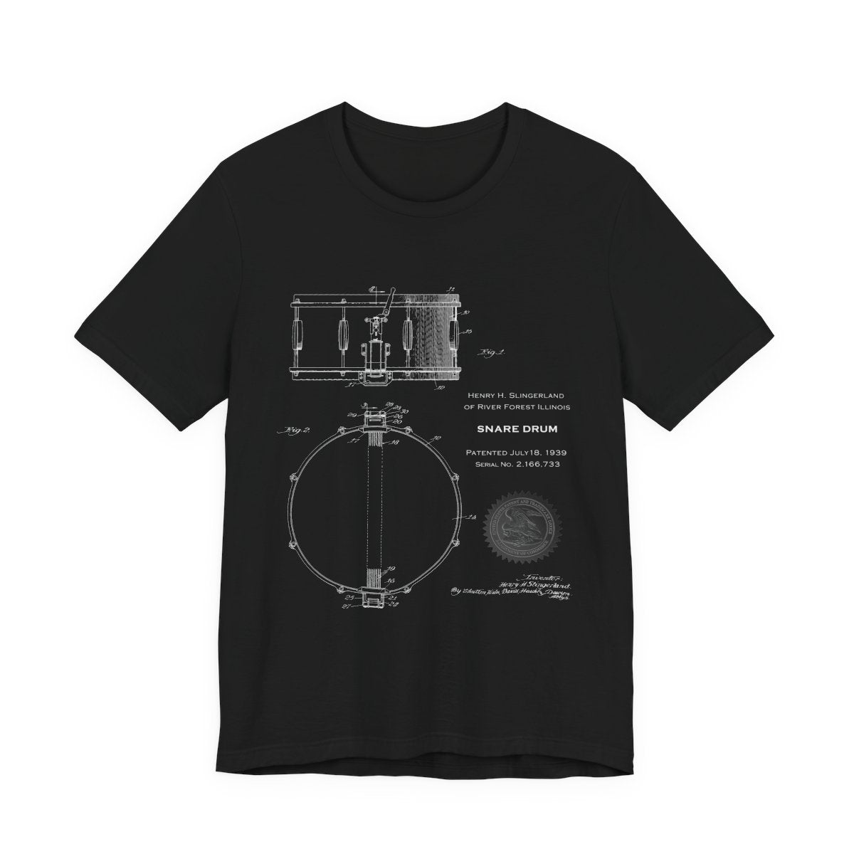 Black t-shirt with white snare drum blueprint design on a white background