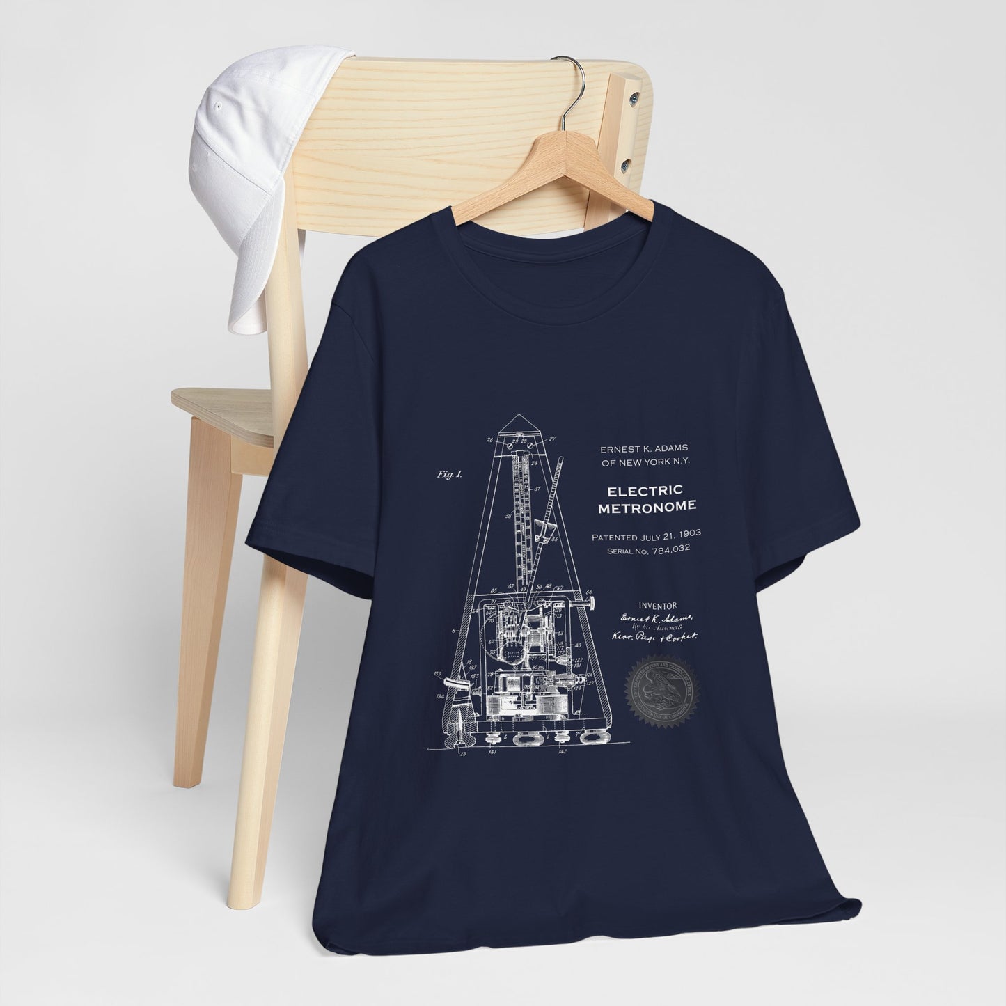 Metronome Patent Tee, Vintage Style Shirt, Unisex Music Lover Gift, Cotton Top with Drawing Apparel