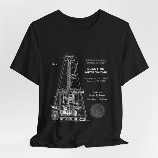 Black t-shirt with technical diagram design on a white background
