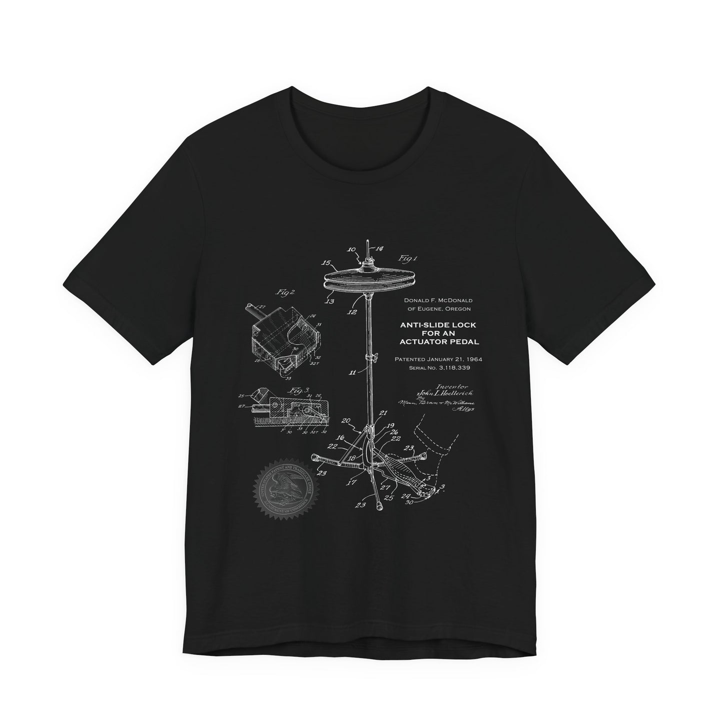 Black t-shirt with technical diagram design on a white background
