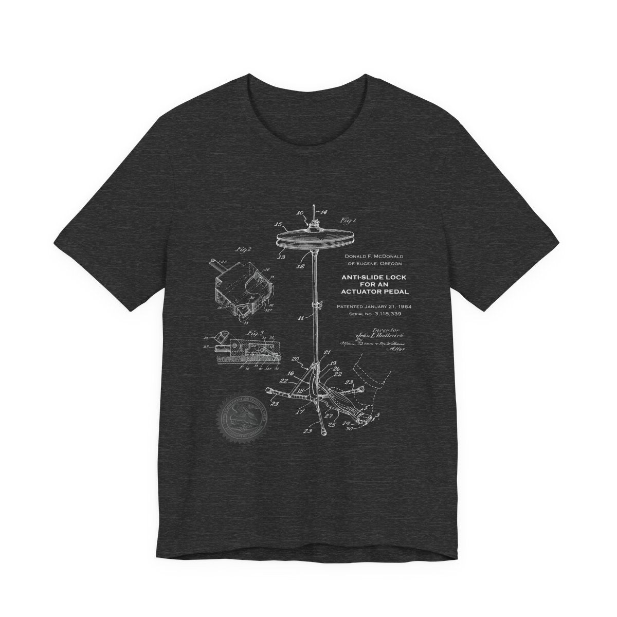 Vintage Patent Drawing T-Shirt, Musician Gift Tee, Drummer's Anti-Slide Pedal Shirt, Unique Patent Art, Instrument Lover T-Shirt,