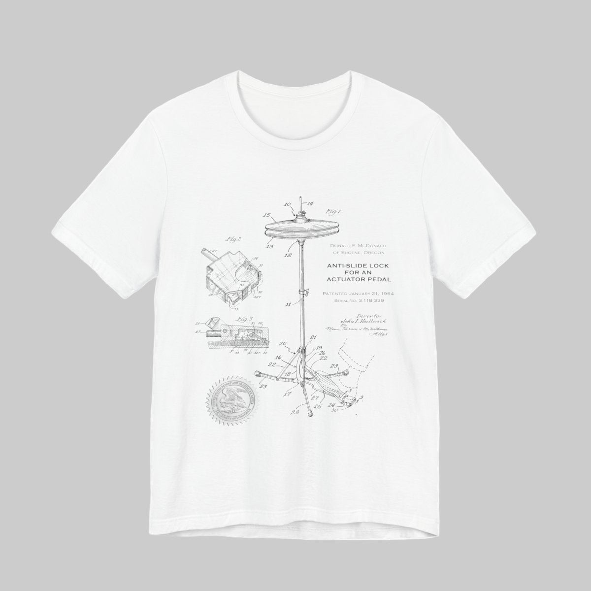 Vintage Patent Drawing T-Shirt, Musician Gift Tee, Drummer's Anti-Slide Pedal Shirt, Unique Patent Art, Instrument Lover T-Shirt,