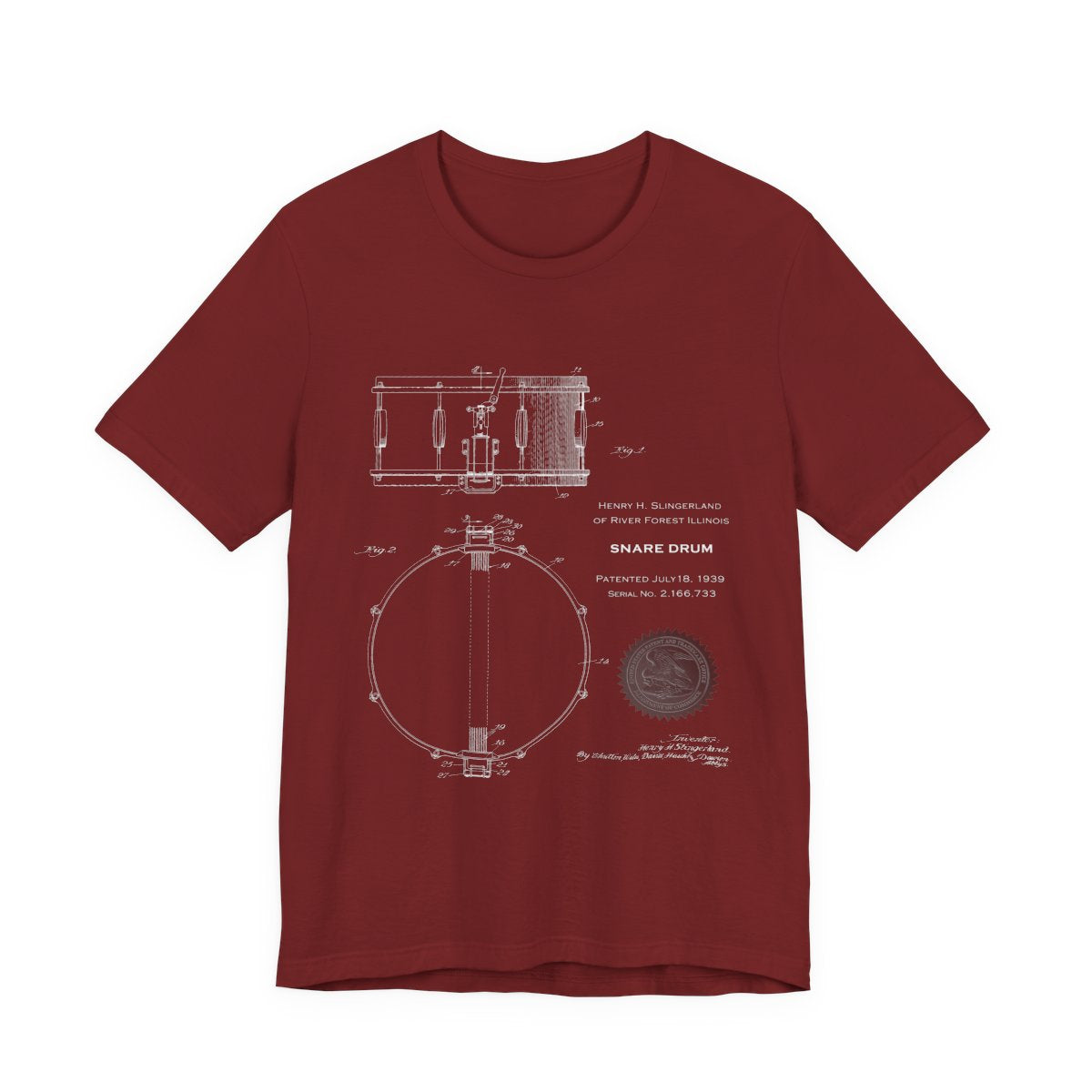 Snare Drum Blueprint T-Shirt, Vintage Drum Patent Tee, Music Lover Gift, Retro Drum Drawing from U.S. Patent Office