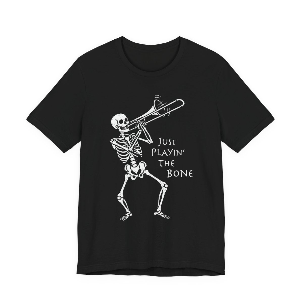 Trombone Playing Skeleton T-shirt, Music Fan Halloween Tee, Funny Jazz Trick or Treat Top