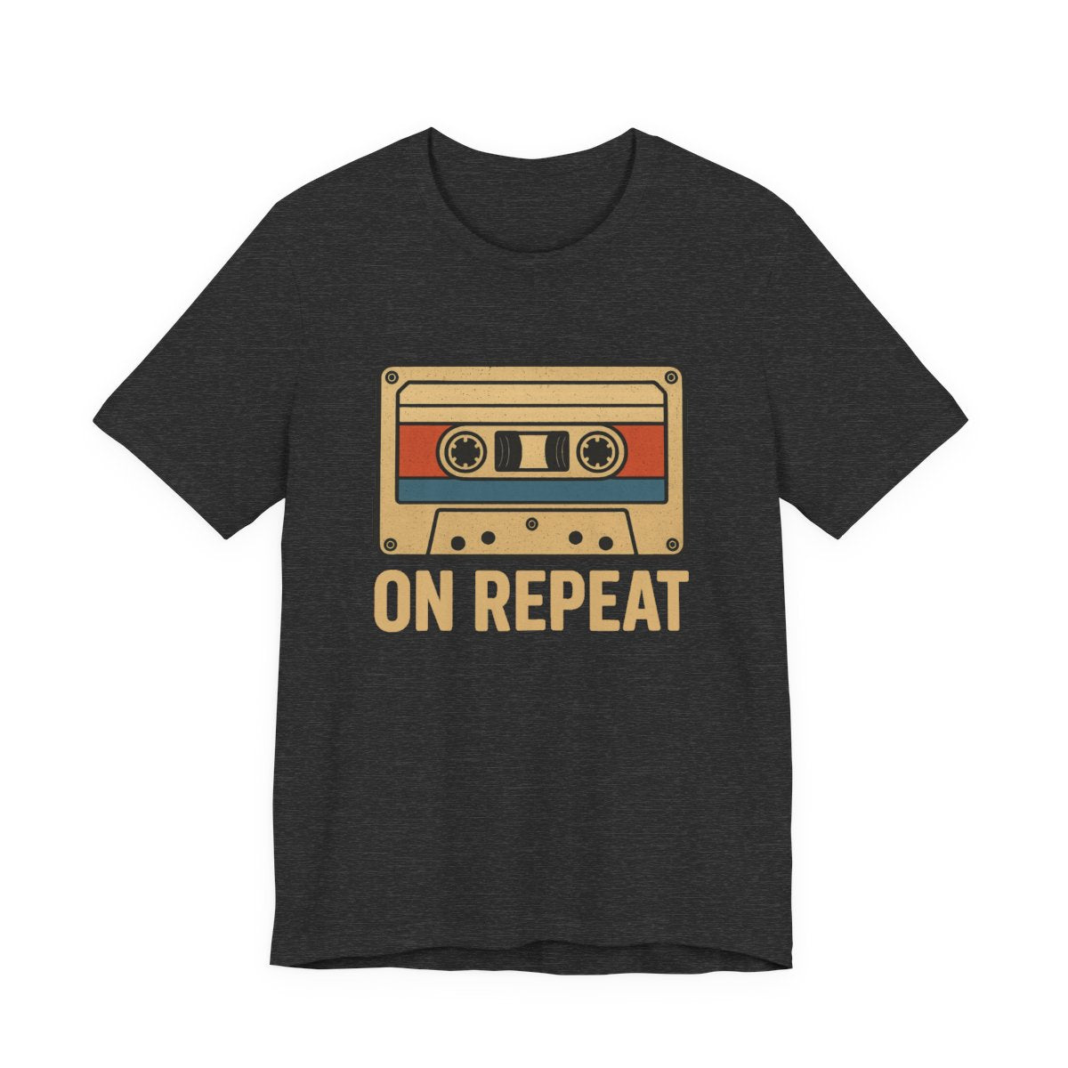 Dark Grey Heather t-shirt with a cassette tape graphic and 'ON REPEAT' text on a white background