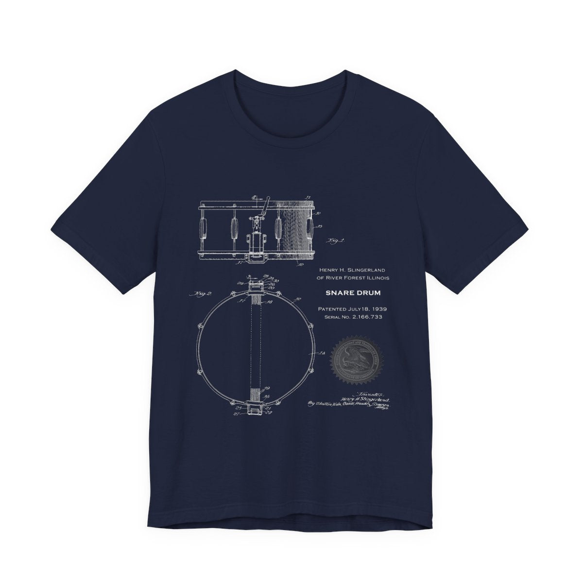 Snare Drum Blueprint T-Shirt, Vintage Drum Patent Tee, Music Lover Gift, Retro Drum Drawing from U.S. Patent Office