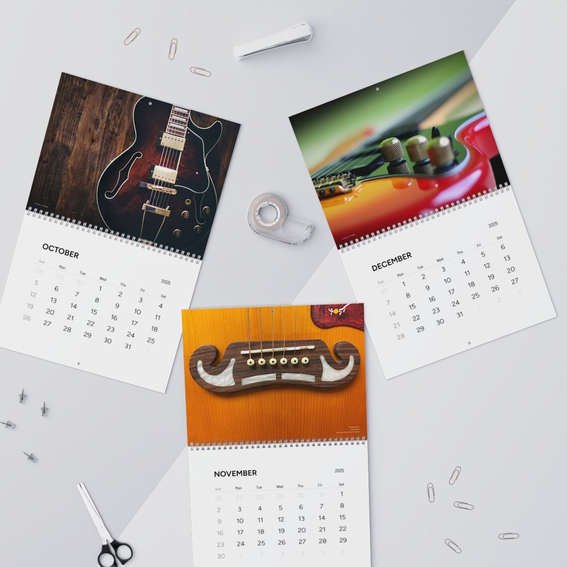 Guitar Wall Calendar, Personalized, 2025, 2 sizes, High Quality with Spiral Binding