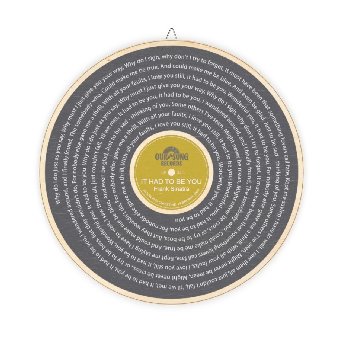 Personalized Song Lyrics Record Wood Sign - front