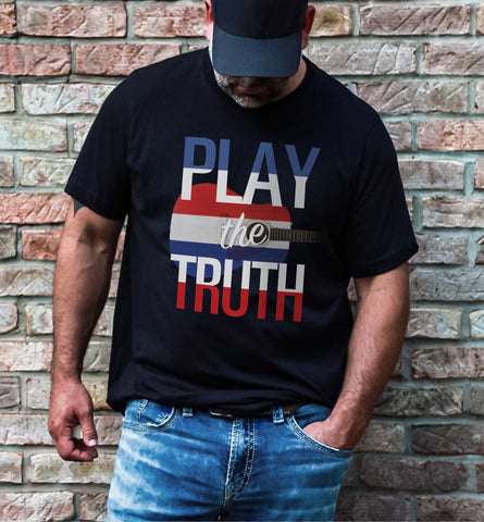 Man wearing a black PLAY the TRUTH shirt