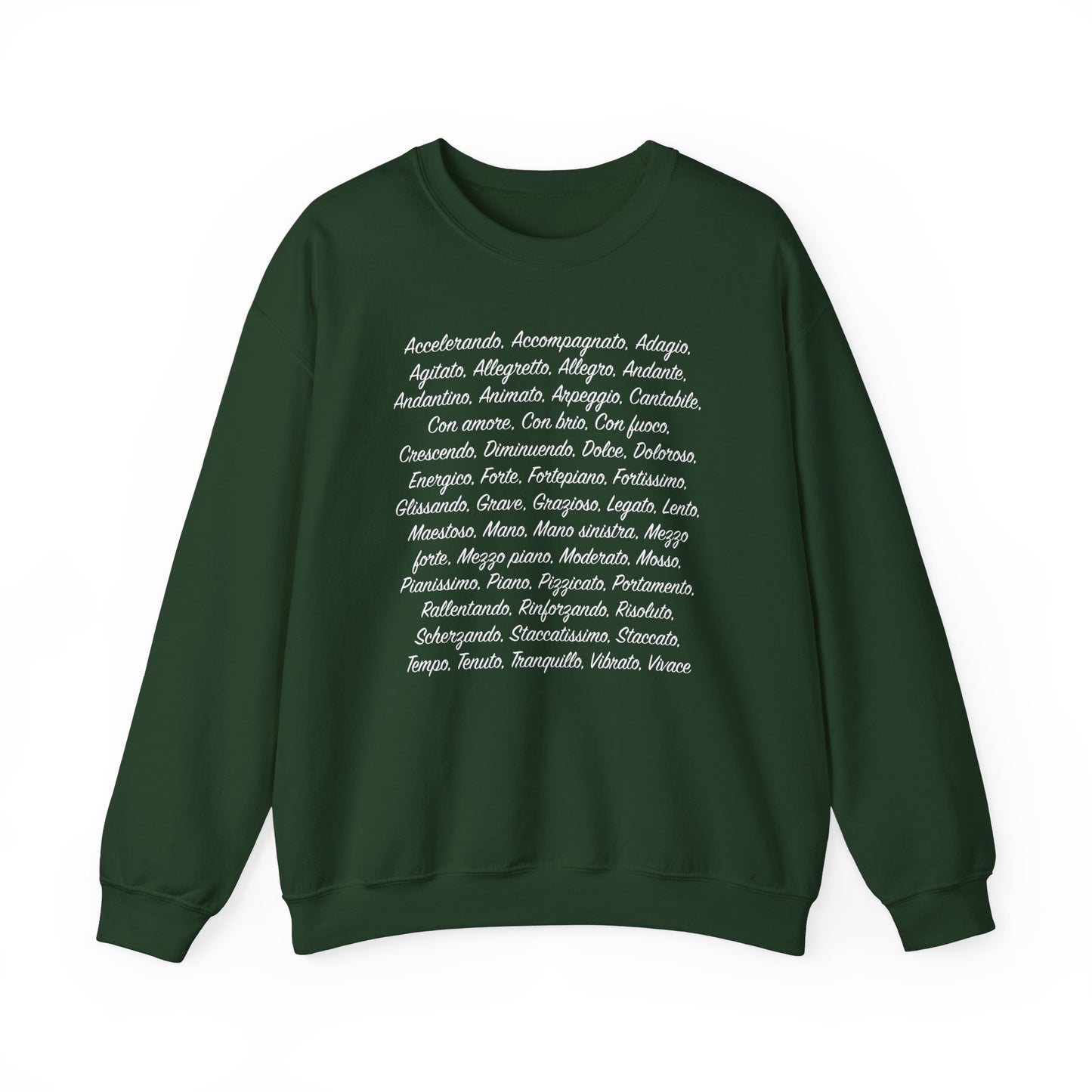 Musical Terms in Italian,  Unisex Heavy Blend Crewneck Sweatshirt, Classical Music Fan or Musician gift, dark colors, warm and comfortable, full list terminology