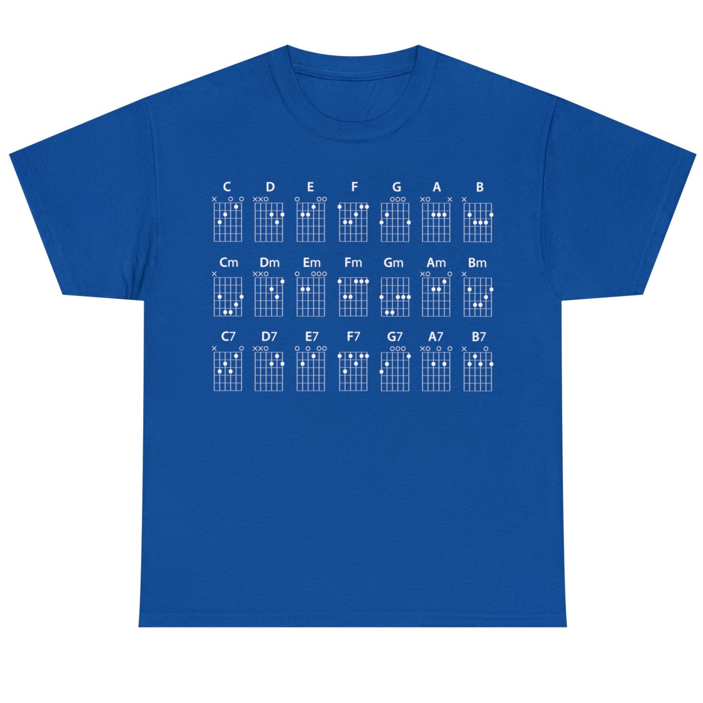 Guitar CHORDS Unisex Heavy Cotton Gildan 5000 Tee, many colors, with all major, minor and seventh chords