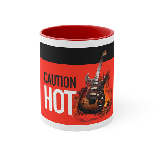 Burning Stratocaster Guitar Coffee Mug, Guitar-player gift, 11oz, Red Accent CAUTION HOT design with photo illustration