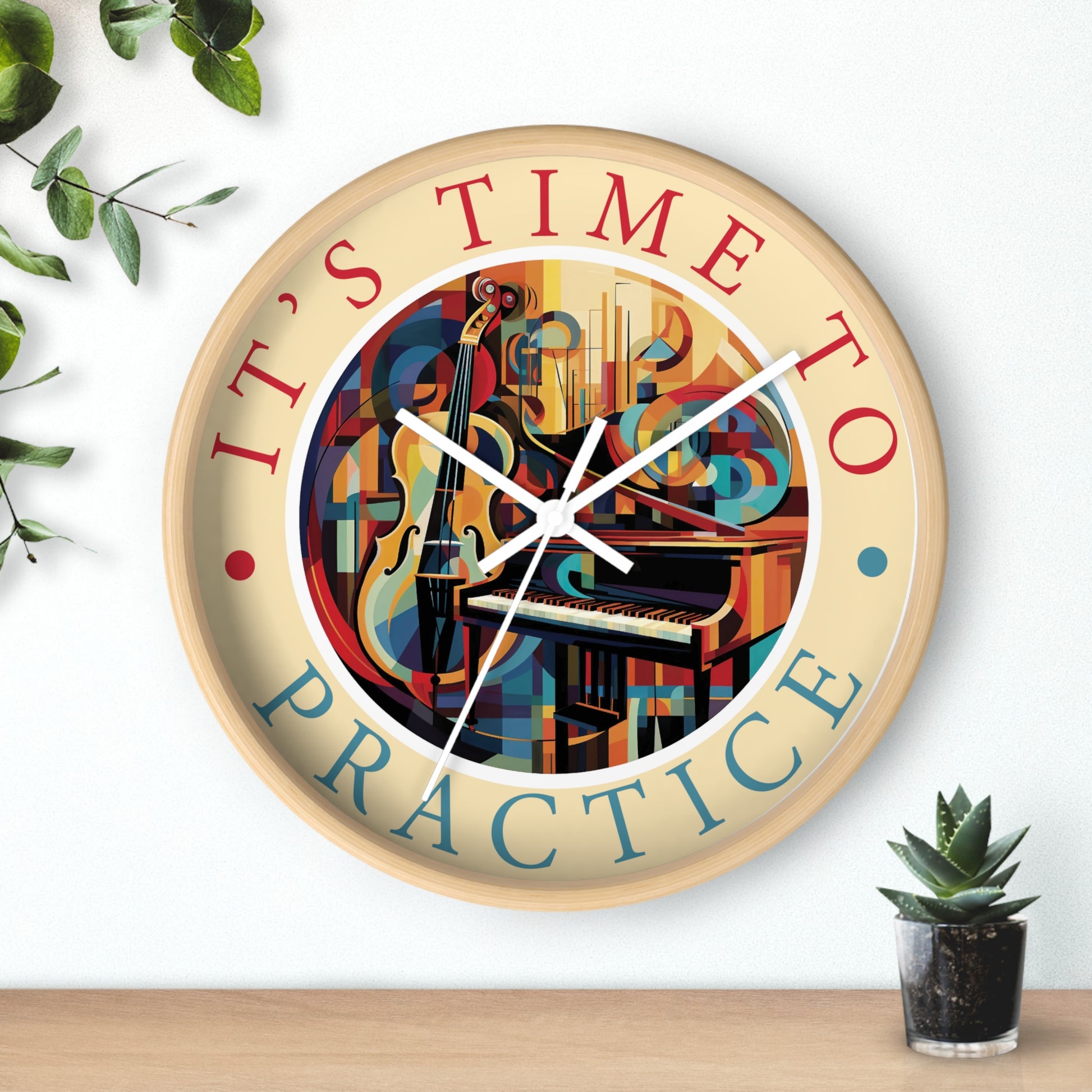 It's TIME to PRACTICE 10" Wall Clock, piano/cello Cubism style artwork