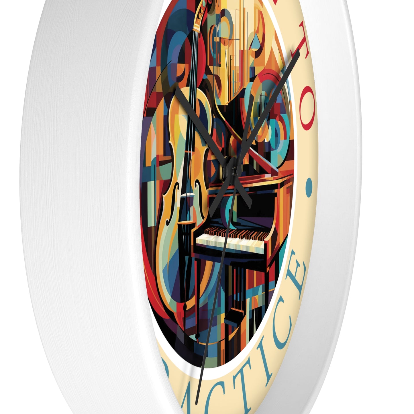 It's TIME to PRACTICE 10" Wall Clock, piano/cello Cubism style artwork, 2" frame in black, white or wood, plexiglass