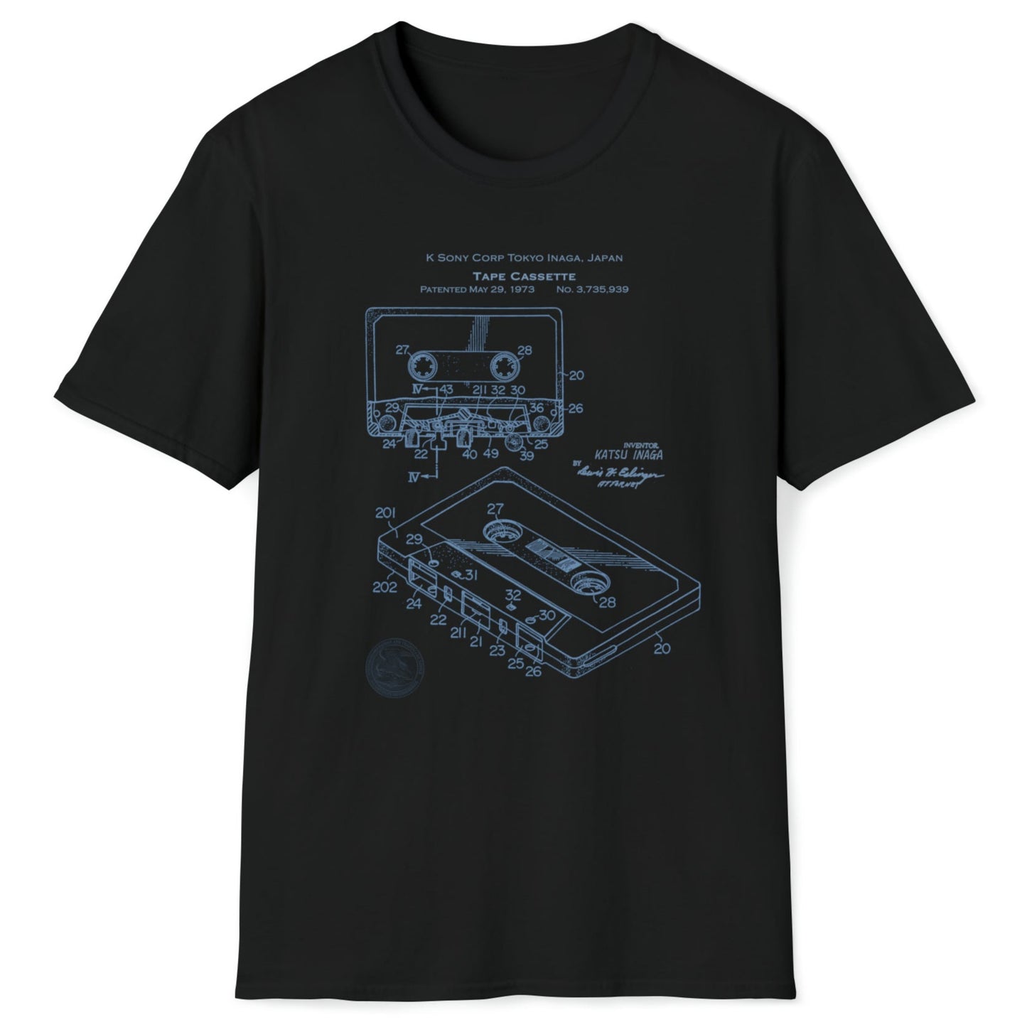 Music Cassette Tape Patent Retro Blueprint, Softstyle T-Shirt, Unisex, Gift for Music Nerds, Audiophiles, 1973