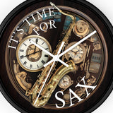It's TIME for SAX  music-themed 10" Wall Clock, saxophone in surrealistic design, 2" black frame with plexiglass