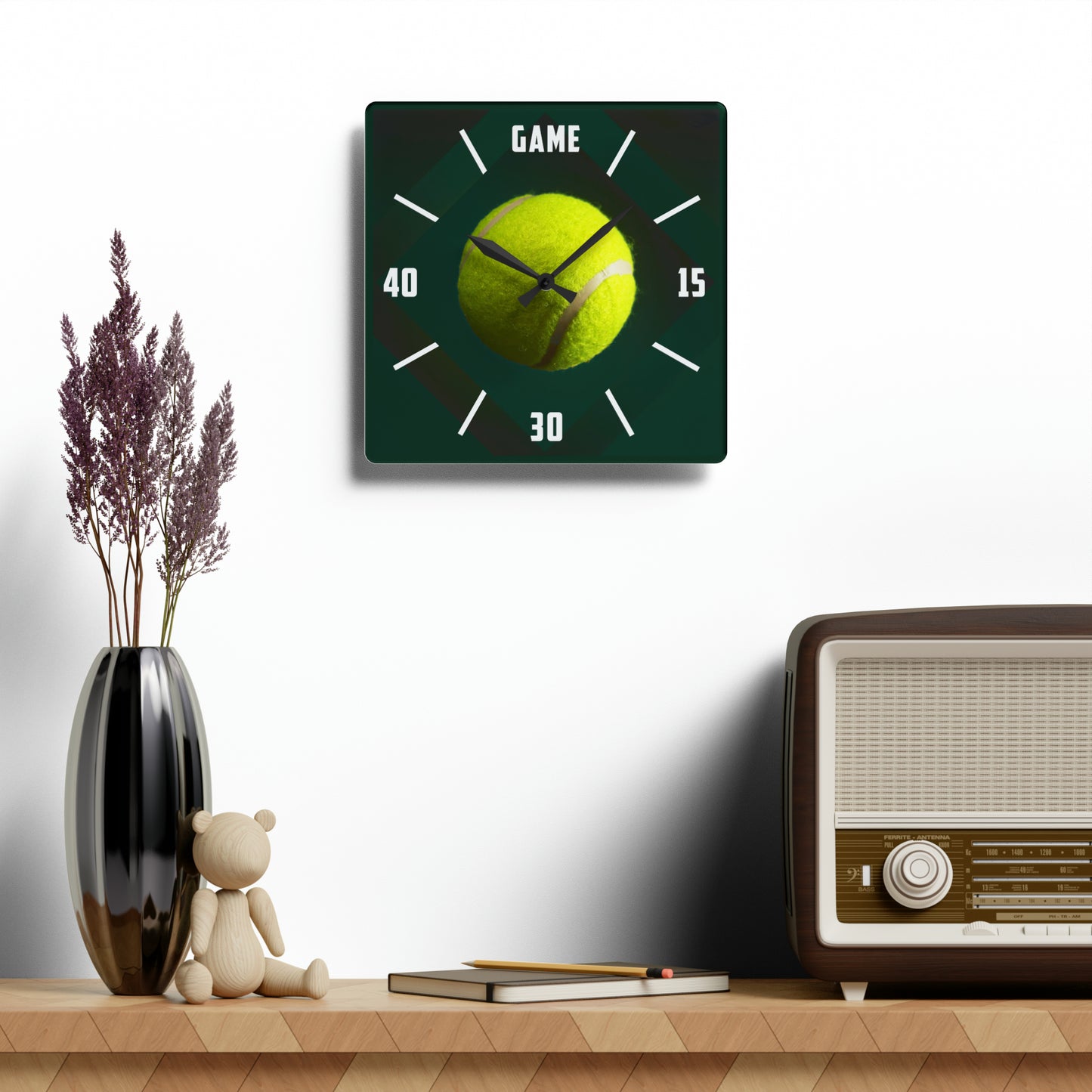 TENNIS TIME Acrylic Frameless Wall Clock, GREEN, square or round, with Tennis Ball, funny gift for Tennis Player, Tennis Club Decor, 2 sizes, Tennis Gift