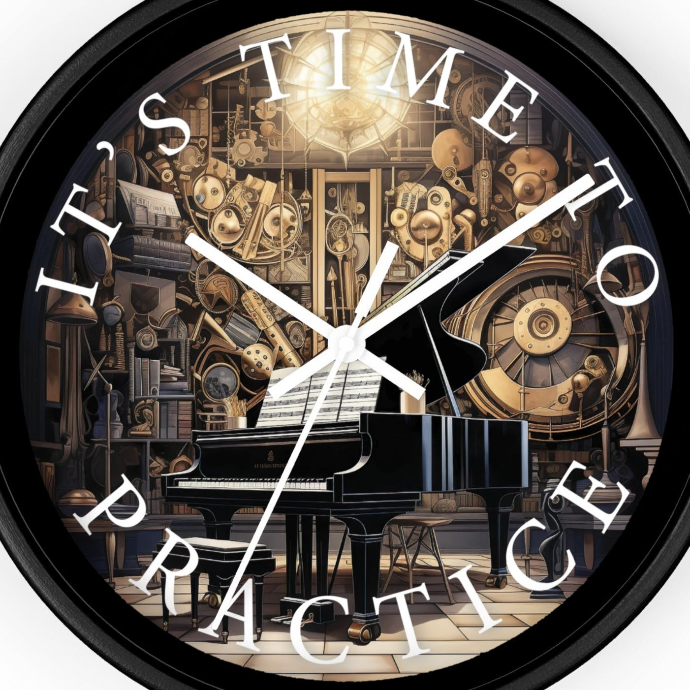 It's TIME to PRACTICE  10" Wall Clock, piano in a surrealistic fantasy music room, 2" black frame, plexiglass front