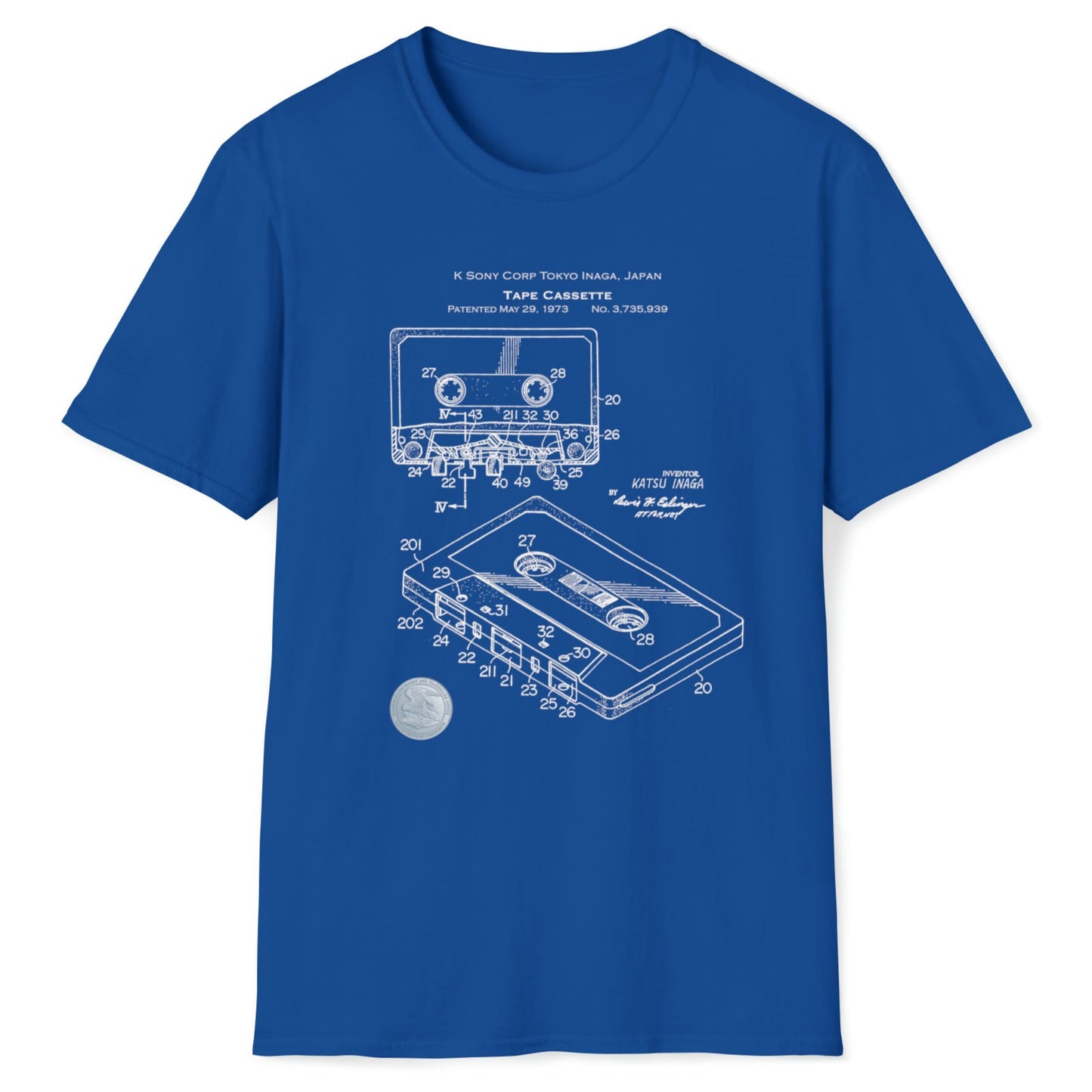 Music Cassette Tape Patent Retro Blueprint, Softstyle T-Shirt, Unisex, Gift for Music Nerds, Audiophiles, 1973