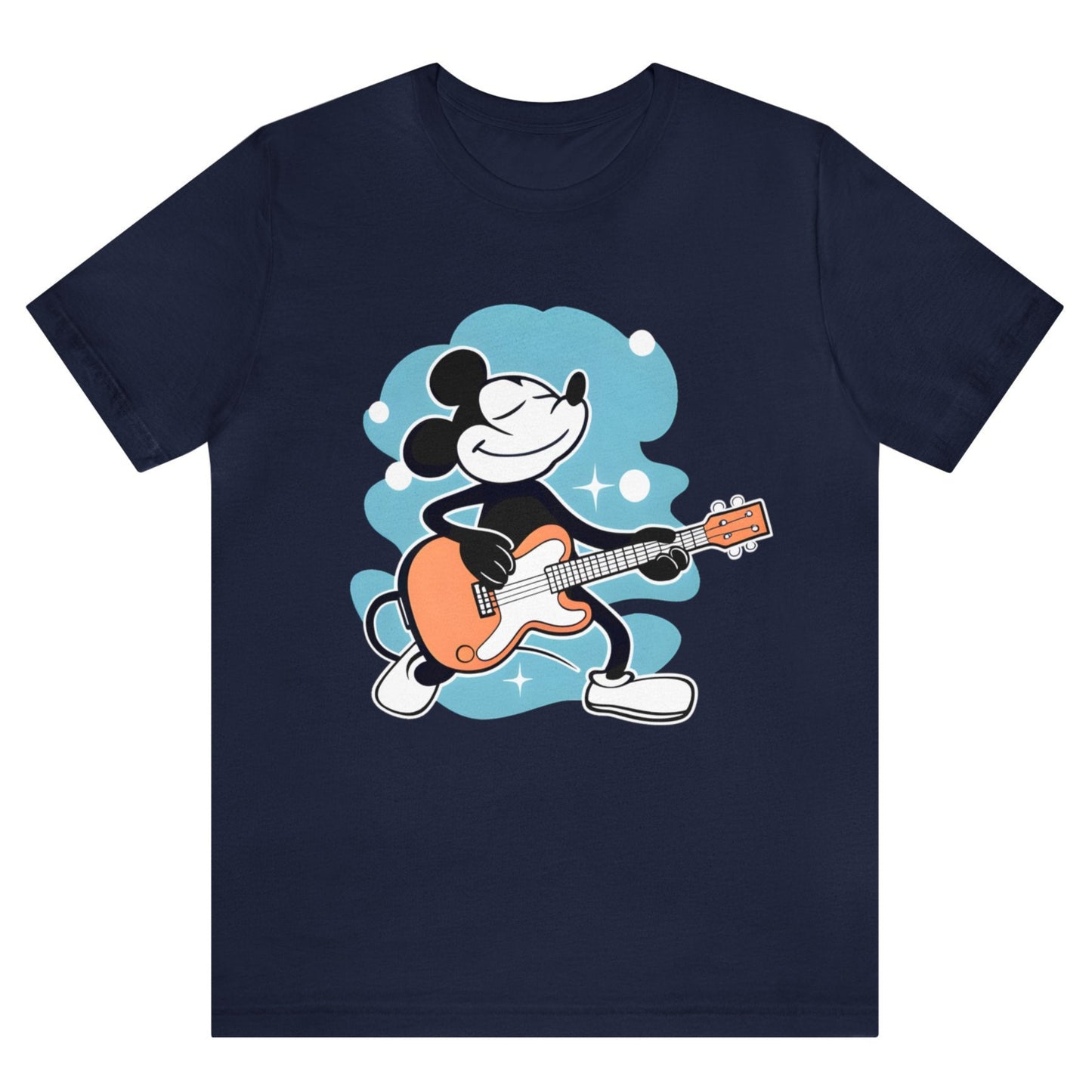 MOUSE Plays Guitar, Gift for Music or Cartoon Fan, Guitar or Bass Player, Animation Fan on Unisex Bella+Canvas Tee, Dark Colors