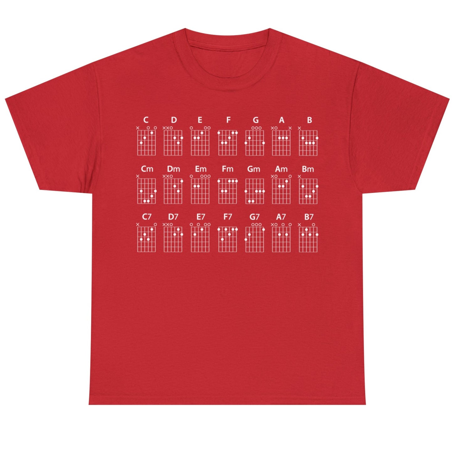 Guitar CHORDS Unisex Heavy Cotton Gildan 5000 Tee, many colors, with all major, minor and seventh chords