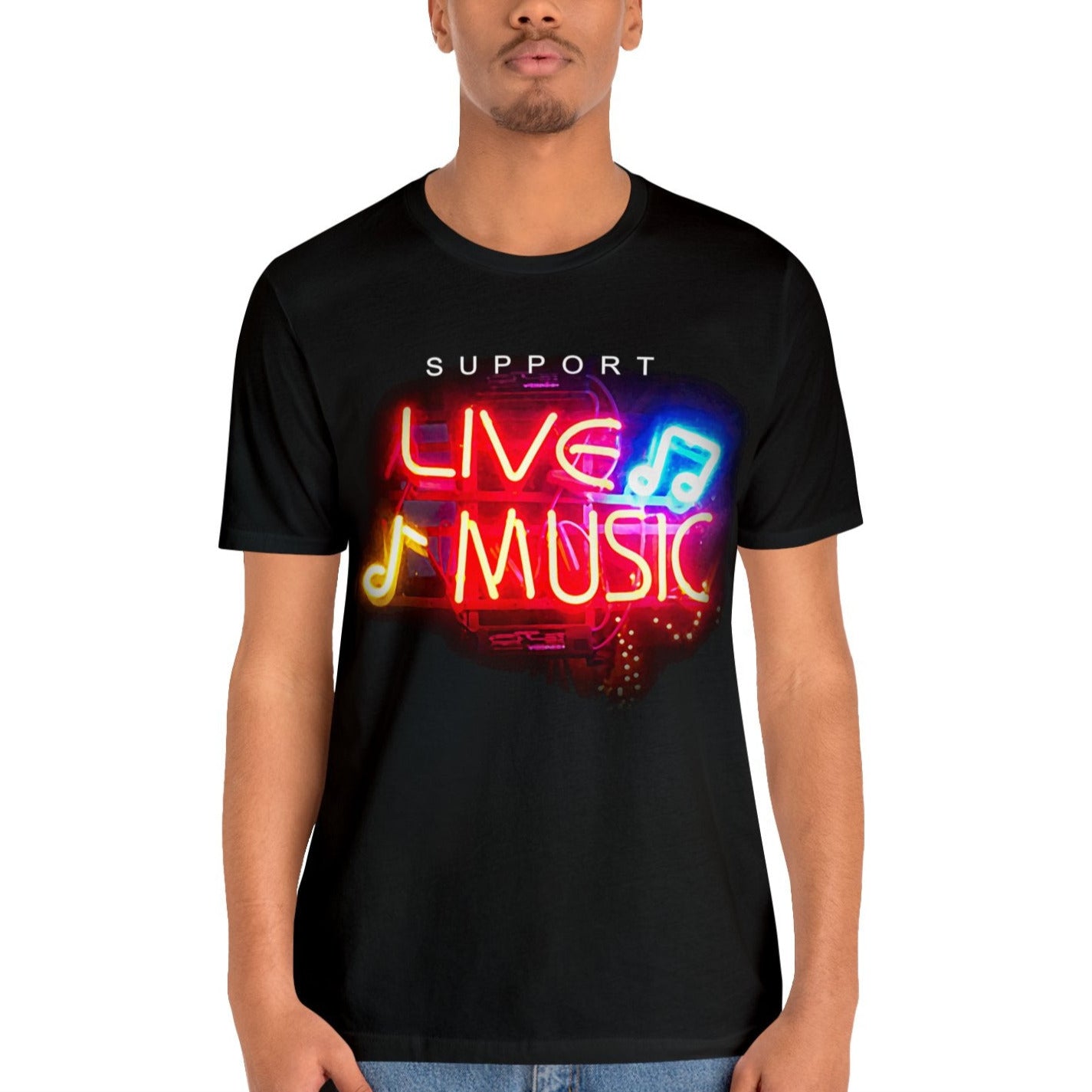 Support LIVE Music Neon Sign Tee - Retro bright on black Unisex Bella+Canvas 3001, Gift for Music Lovers and Musicians