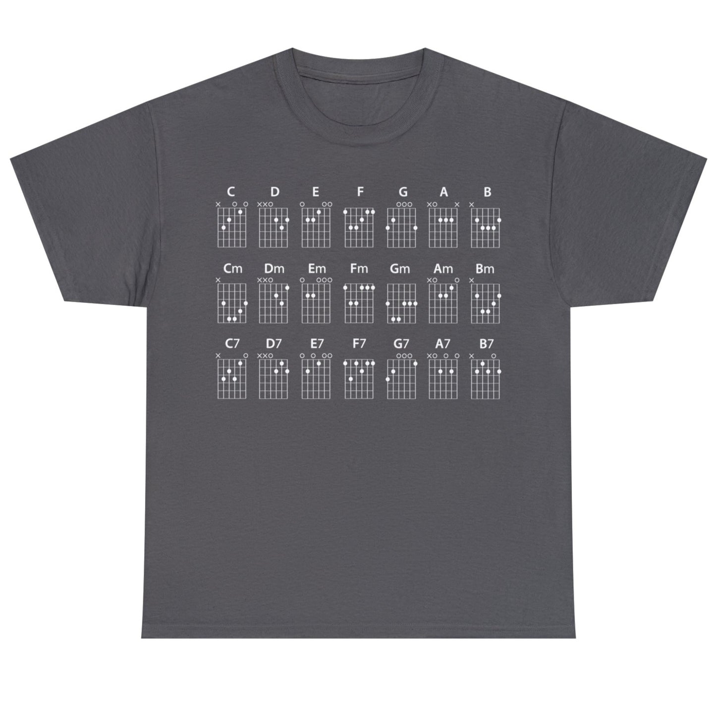 Guitar CHORDS Unisex Heavy Cotton Gildan 5000 Tee, many colors, with all major, minor and seventh chords