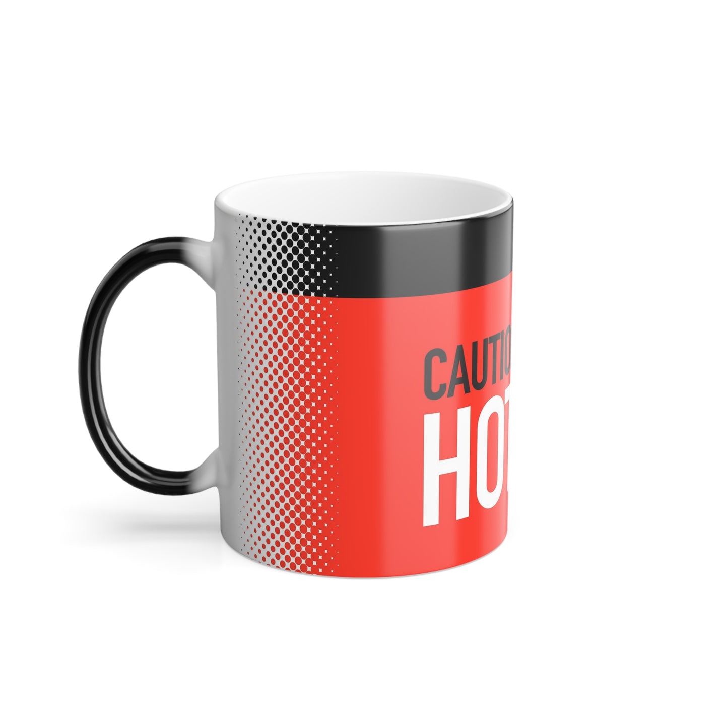 Color changeable Burning Guitar Mug, Caution HOT, Burning Stratocaster on an 11oz Color Morphing Mug - Image appears with hot beverage