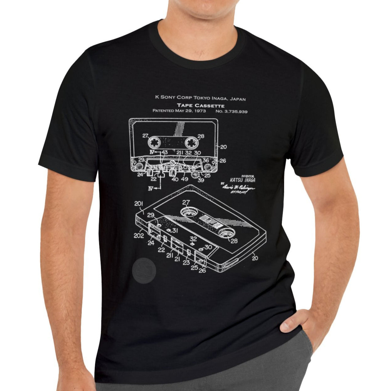 Music Cassette Tape U.S. Patent Retro Blueprint, EXPRESS DELIVERY, Dark Unisex Bella+Canvas 3001 Tee, Express Shipping, Gift for Music Nerds and Audiophiles, 1973