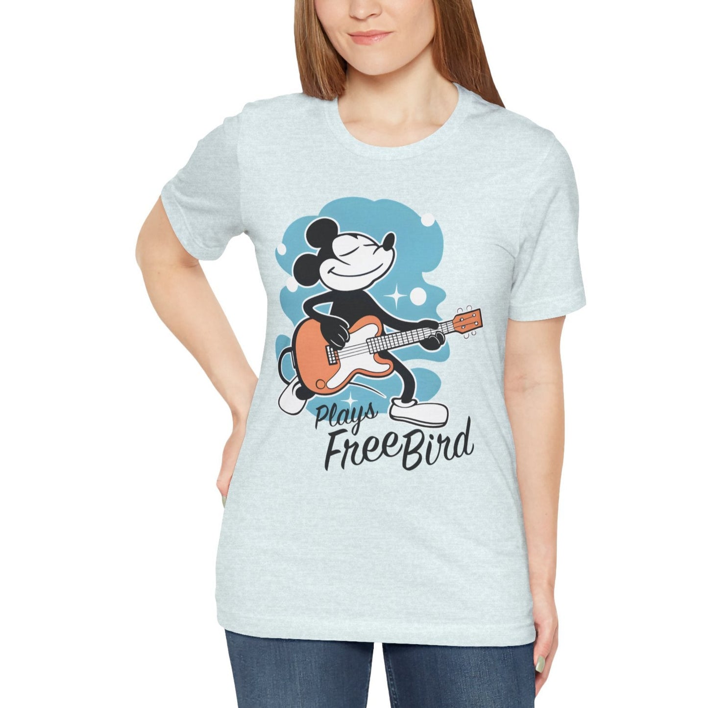 MICKEY Plays Free Bird T-Shirt, Gift for Guitar or Bass Player, Music or Animation Fan on Unisex Bella+Canvas 3001, Light Colors