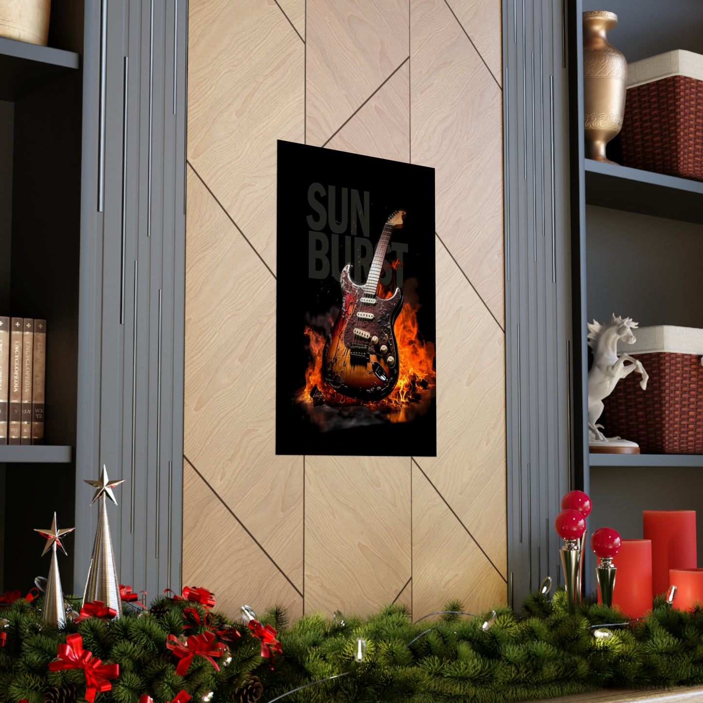Burning SUNBURST Guitar Poster, Electric Strat-style Guitar on Fire, Vertical Matte. Digital Painting Musician Gift, Studio/Music Room Decor