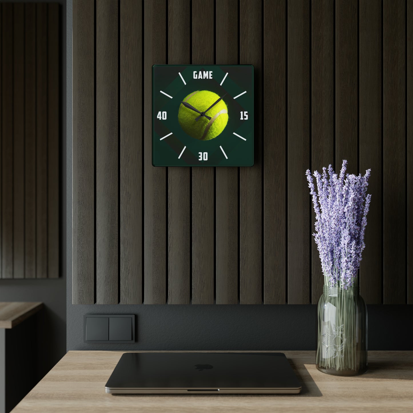 TENNIS TIME Acrylic Frameless Wall Clock, GREEN, square or round, with Tennis Ball, funny gift for Tennis Player, Tennis Club Decor, 2 sizes, Tennis Gift