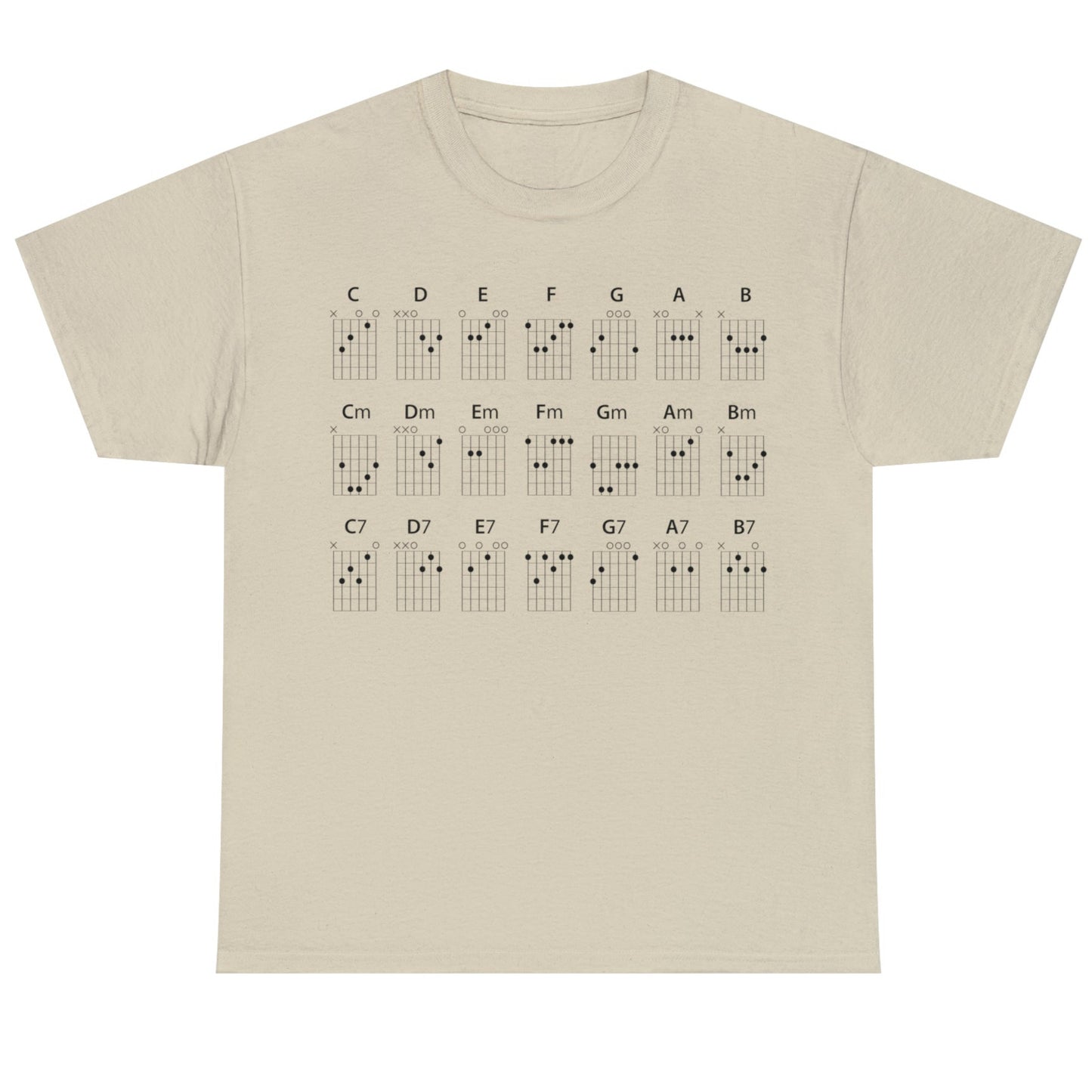 Guitar CHORDS Unisex Heavy Cotton Gildan 5000 Tee, many colors, with all major, minor and seventh chords