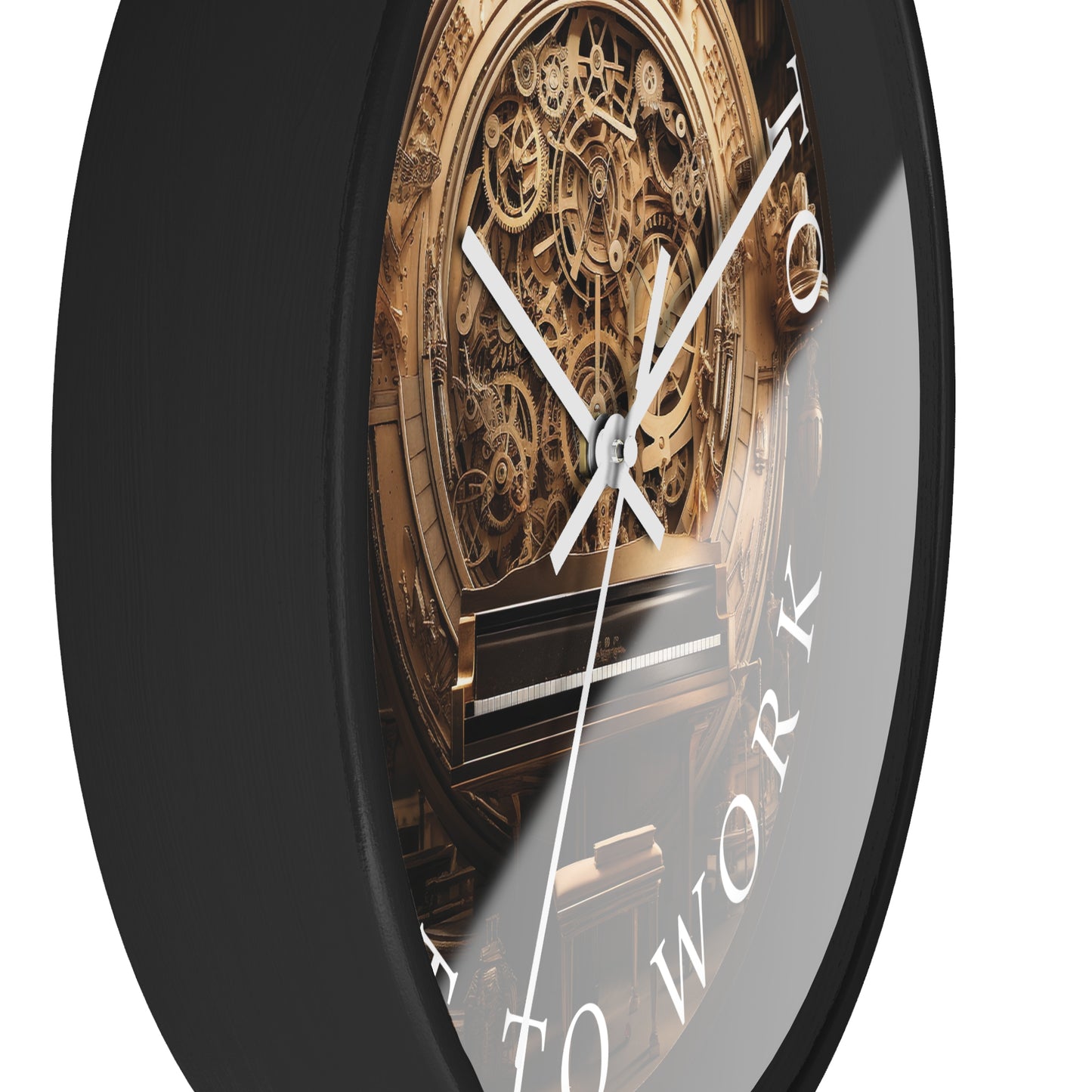 It's TIME to GET to WORK  music-themed 10" Wall Clock, with a piano in a surrealistic clock gear room, 2" black frame and plexiglass front
