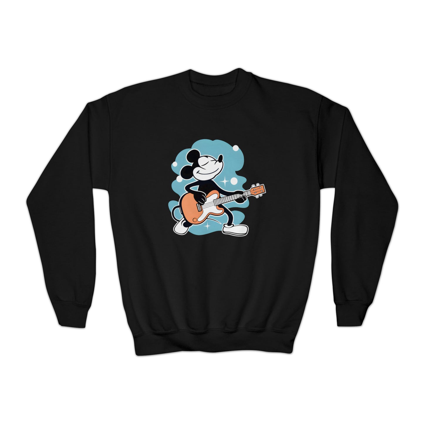 Happy Mouse Rocks Youth Crewneck Sweatshirt, Mickey Plays Guitar, Kid's clothing, Warm and Cozy